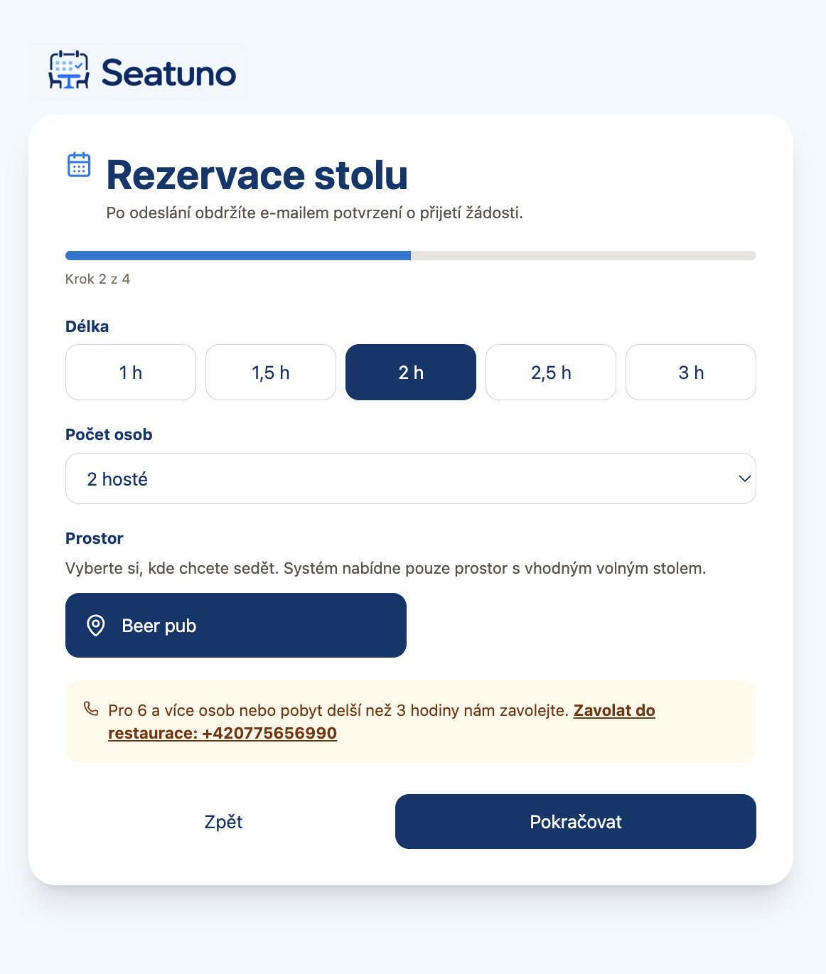 Online rezervace i mimo otevírací dobu — 2. Hosté a prostor